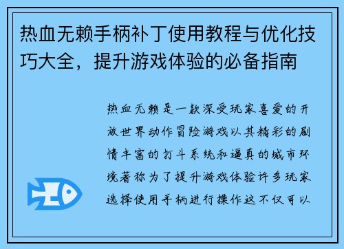 热血无赖手柄补丁使用教程与优化技巧大全，提升游戏体验的必备指南